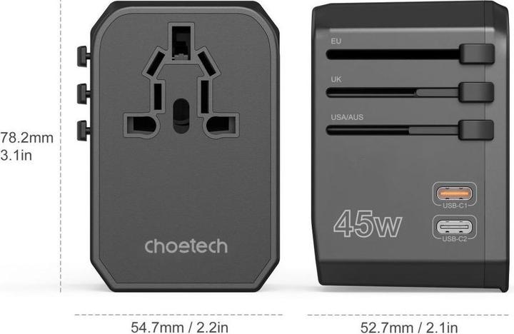 Actual product image Choetech PD6045 USB-C USB-A 45W GaN Travel Charger with US EU UK AU Plugs - Black (45 W)