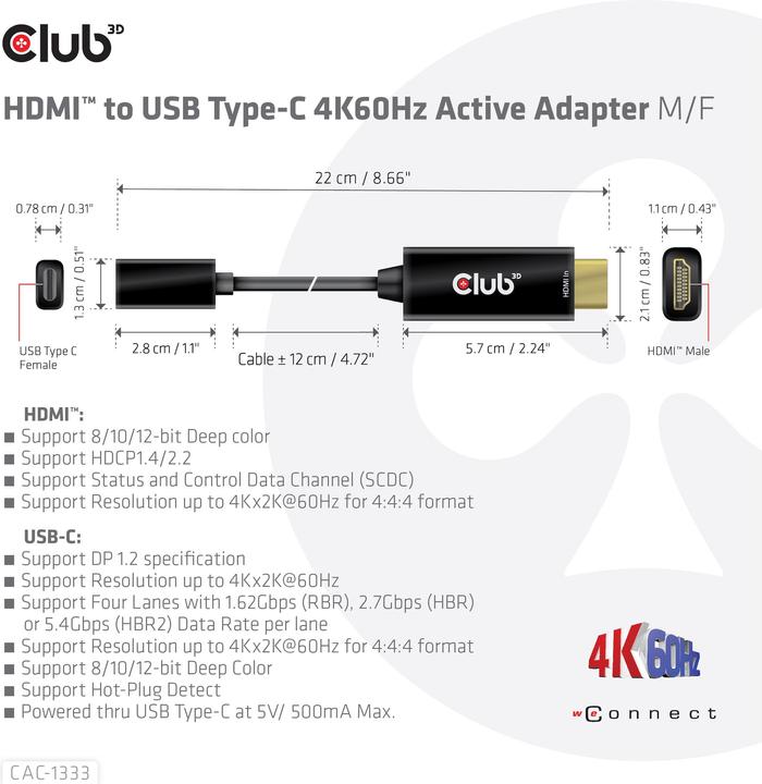 Actual product image Club 3D HDMI (Typ A) — USB C (HDMI, USB-C, 22 cm)