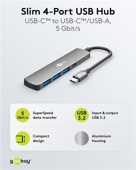 Immagine prodotto Goobay Slim 4-Port USB-Hub, USB-C auf USB-C/USB-A, 5 Gbit/s (USB-C, 4 porte)