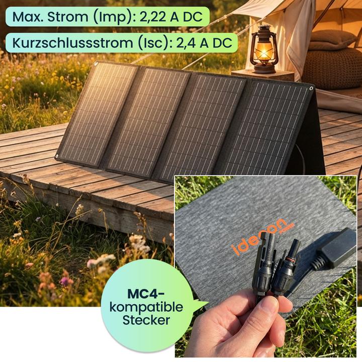 Produktbild Ideoon Mobiles Powerstation Set 88,8Wh mit 40W Solarpanel faltbar, 230V Steckdose, 100W, USB-C PD 65W (88.80 Wh, 1.10 kg)