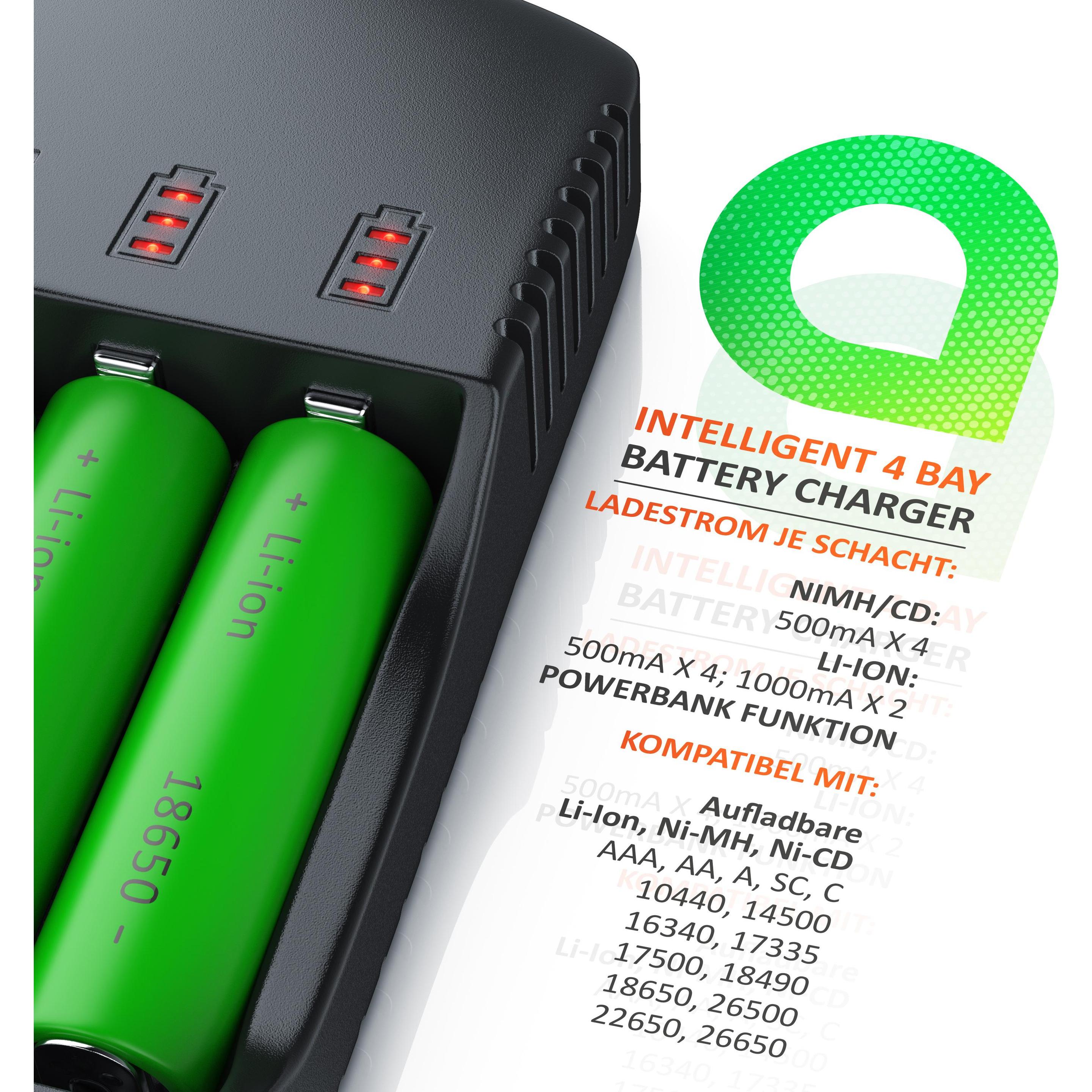 Thumbnail - Aplic Batterie Ladegerät 2000 mA, Universal Akku Ladegerät mit USB Powerbankfunktion, 4x Aufladeschächte (A, C, AA, AAA,...