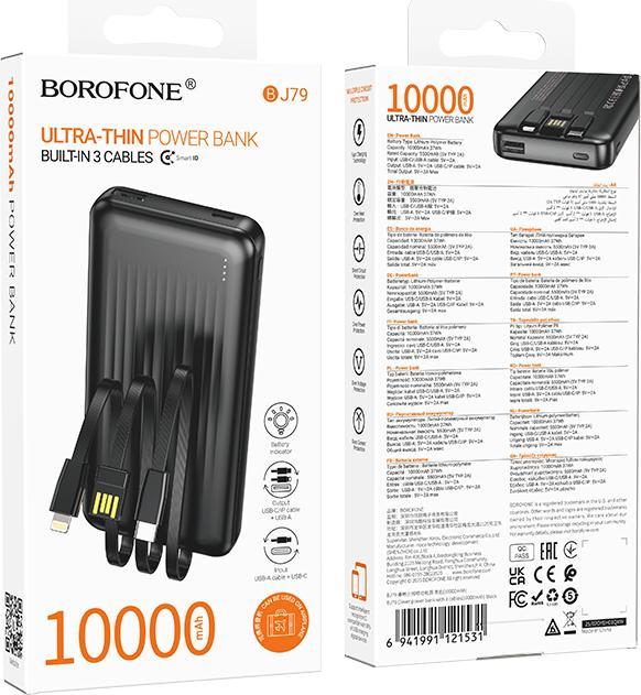 Produktbild Borofone Powerbank 10000mAh BJ79 Clever - USB - mit Typ-C und Lightning-Kabeln schwarz (10000 mAh, 10 W, 37 Wh)