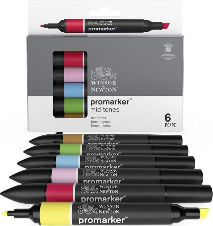 Actual product image Winsor & Newton 6 ProMarkers Medium Tone Layout Markers assorted colours 1.0 - 2.0 mm (6 x)