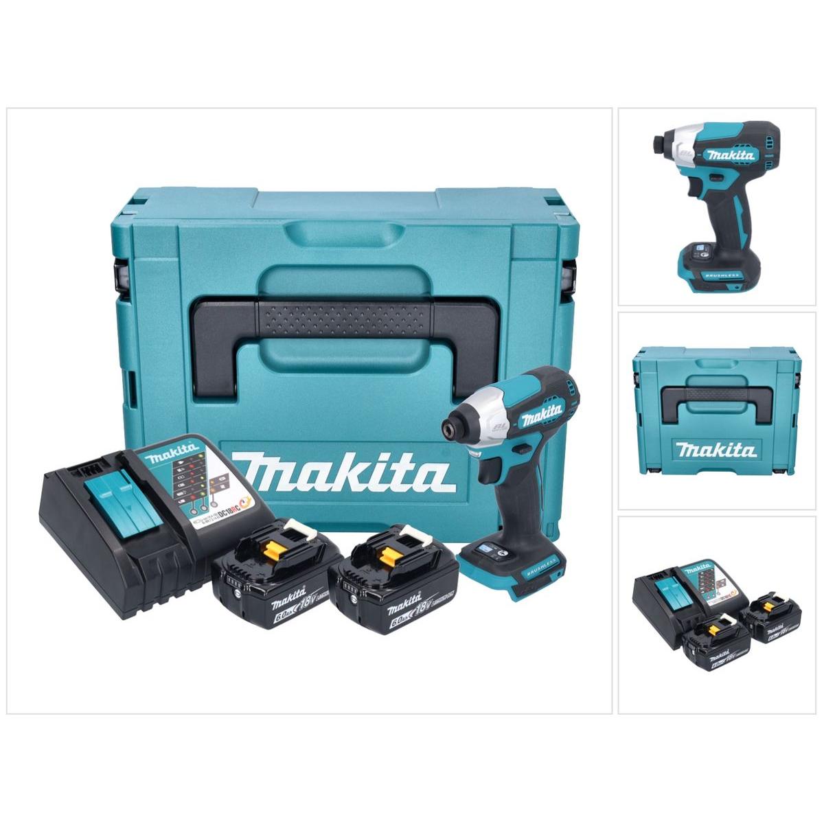Makita, Bohrmaschine + Akkuschrauber, DTD 157 RGJ Akku Schlagschrauber 18 V 140 Nm 1/4" Brushless + 2x Akku 6,0 Ah + Lad...