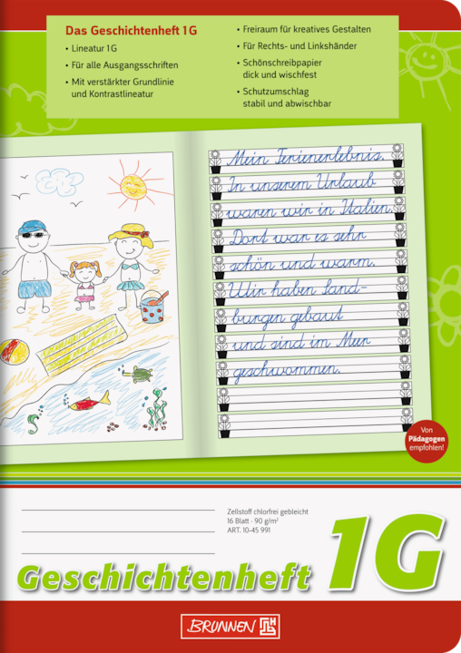 Geschichtenheft Lineatur 1G liniert DIN A5 ohne Rand, 16 Blatt (A5, Liniert)