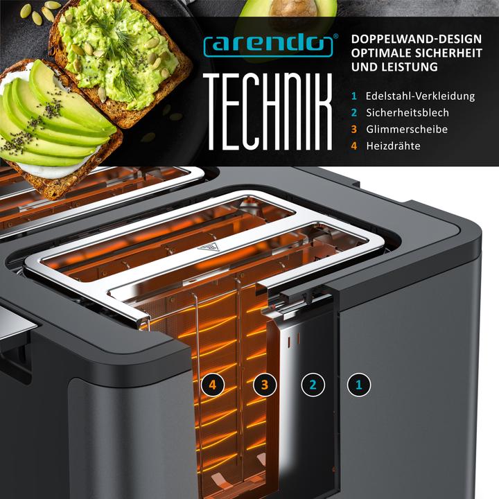 Produktbild Arendo Toaster 4 Scheiben Kurzschlitz, Edelstahl, Wärmeisolierendes Doppelwandgehäuse, Automatik, 1750 W