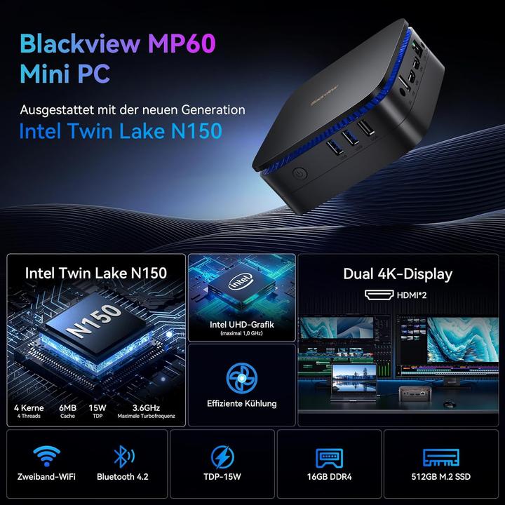 Produktbild Blackview Mini PC MP60 mit Intel Twin Lake N150, 16GB RAM, Windows 11 Pro, erweiterbarer SSD-Speicher (Intel N150, 16 GB, 512 GB)