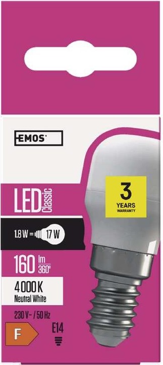 Immagine prodotto Emos Lampadina LED Classic ST26 per frigorifero / E14 / 1,8 W (17 W) / 160 lm / bianco neutro (E14, 1.80 W, 160 lm, 1 x, F)