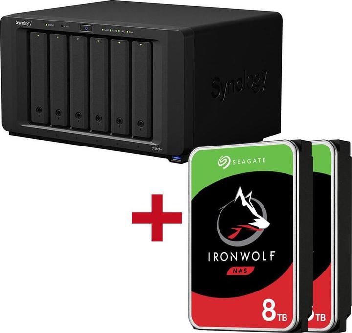Produktbild Synology DiskStation DS1621+ 6 Einschübe NAS-Server Leergehäuse + 16TB Seagate Ironwolf SATA 3.5"" H (2 x 8 TB, Seagate Ironwolf)