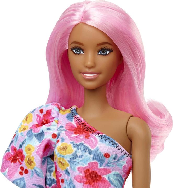 Produktbild Barbie Fashionistas Puppe im schulterfreien Blumenkleid, pinke Haare, Beinprothese, für Kinder von 3 bis 8