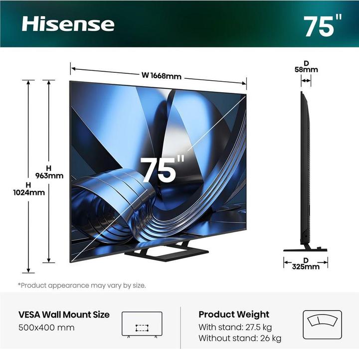 Actual product image Hisense TV 75U7DSE 75" Mini-LED 4K (75", LED, 4K)