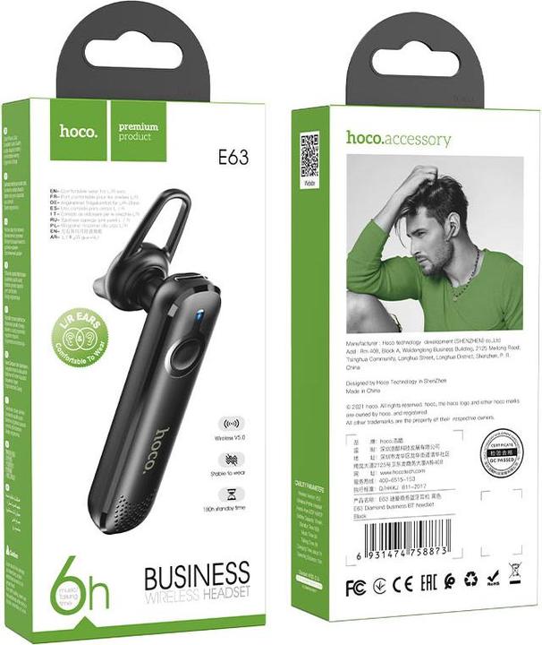 Actual product image Hoco - Bluetooth Headset Diamond (E63) - Bluetooth 5.0, Rotary Ear Hook - Black