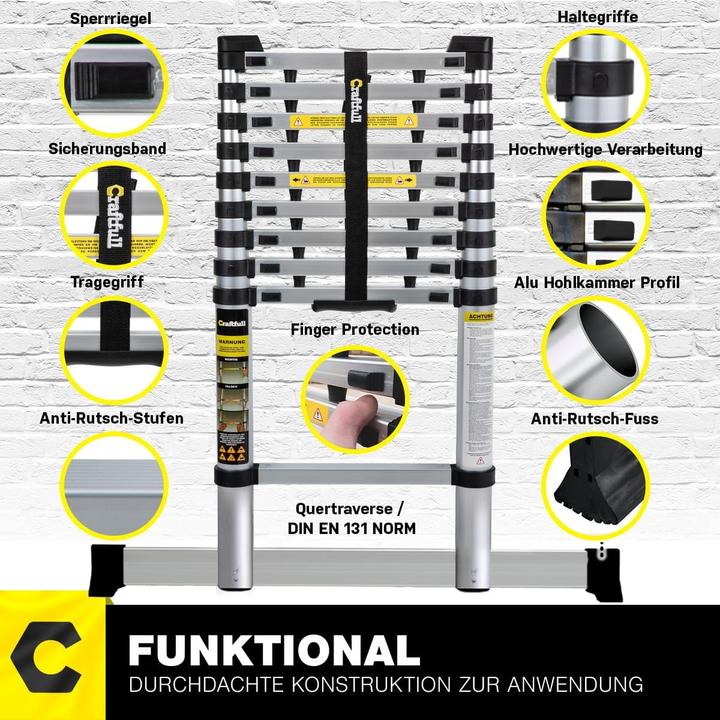 Immagine prodotto Craftfull Teleskopleiter CF-101A, 15 Sprossen, inkl. Tragetasche (Scala singola)