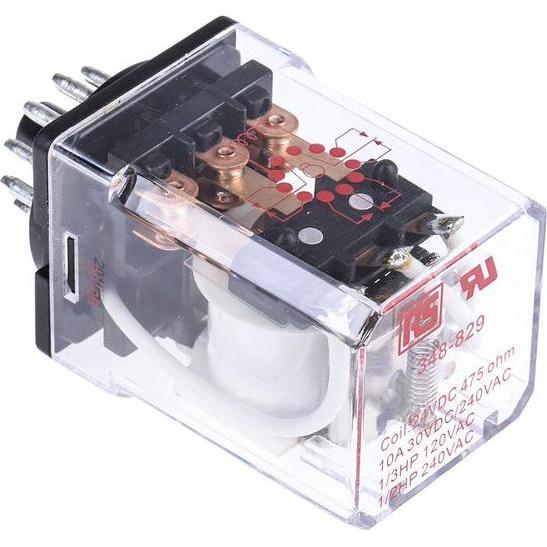 RS PRO Relè monostabile, relè plug-in Contatto di commutazione a 3 poli 10A 24V dc bobina / 1,2W, Relais