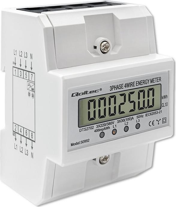 Qoltec Driefasige elektronische meter DIN rail 400V 100