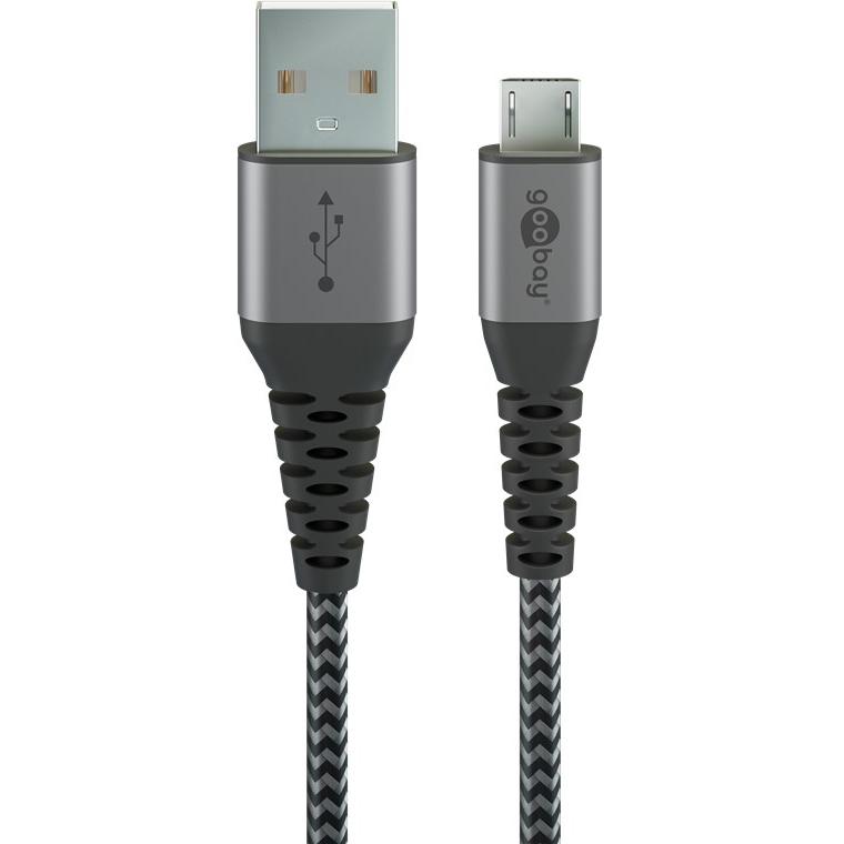 Goobay Micro-USB auf USB-A Textilkabel mit Metallsteckern (space grau/silber) 2 m, 2 m, Schwarz-Grau (2 m, USB 2.0), USB...