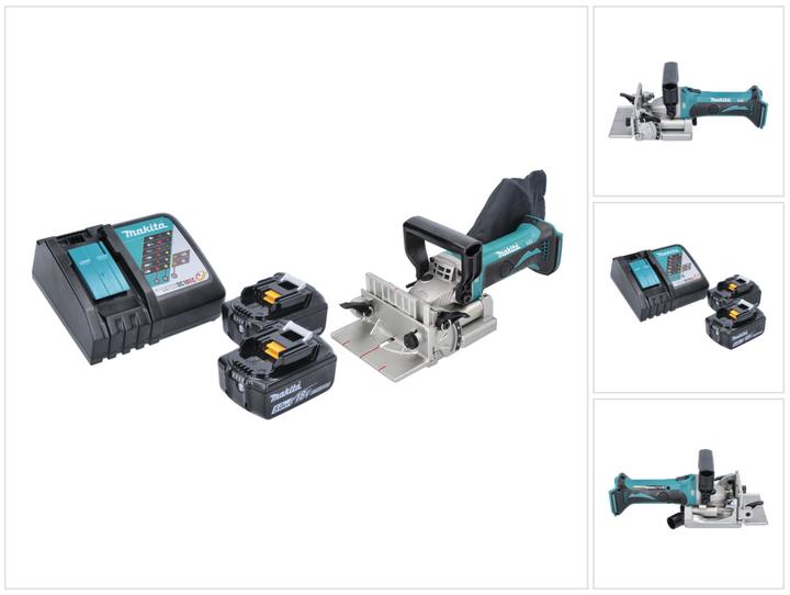 1x fresa a batteria Makita DPJ 180, 1x pre-morsetto, 1x sacchetto per la polvere, 1x fresa da 100 mm, 1x chiave frontale, 2x batteria Makita BL 1850 B 18 V 5.0 Ah, 1x caricabatterie Makita DC 18 RC