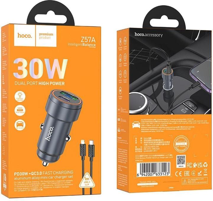 Produktbild Hoco Auto charger Car charger USB A + USB C QC3.0 PD 30W + cable USB C to Lightning Z57A black
