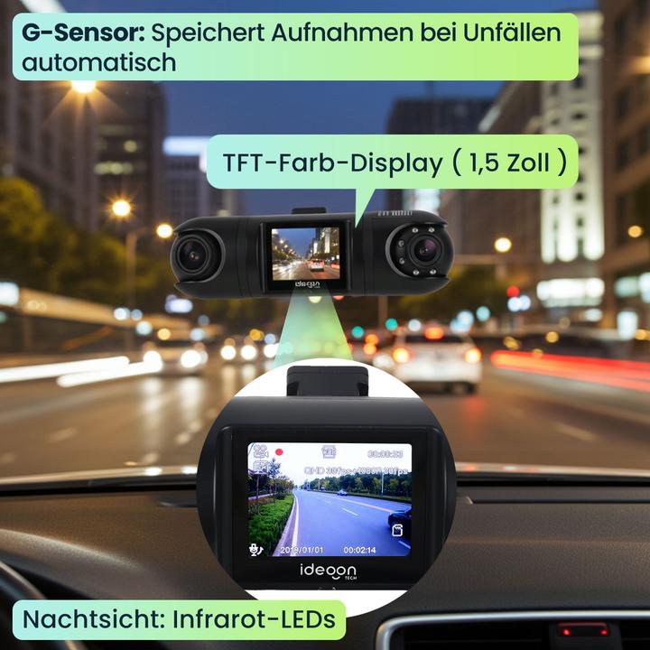 Immagine prodotto Ideoon Dashcam doppia QHD (Display integrato, Microfono incorporato, Ricevitore GPS, Visione notturna, QHD)