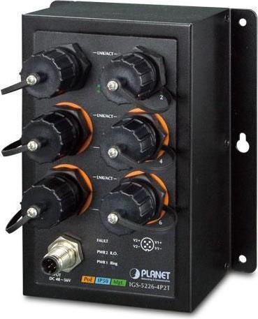 Produktbild Planet Industrial EN50155 4-Port 10/100/1000T PoE Switch + 2-Port Gigabit Uplinks 144 Watts PoE Budget (4 Ports)