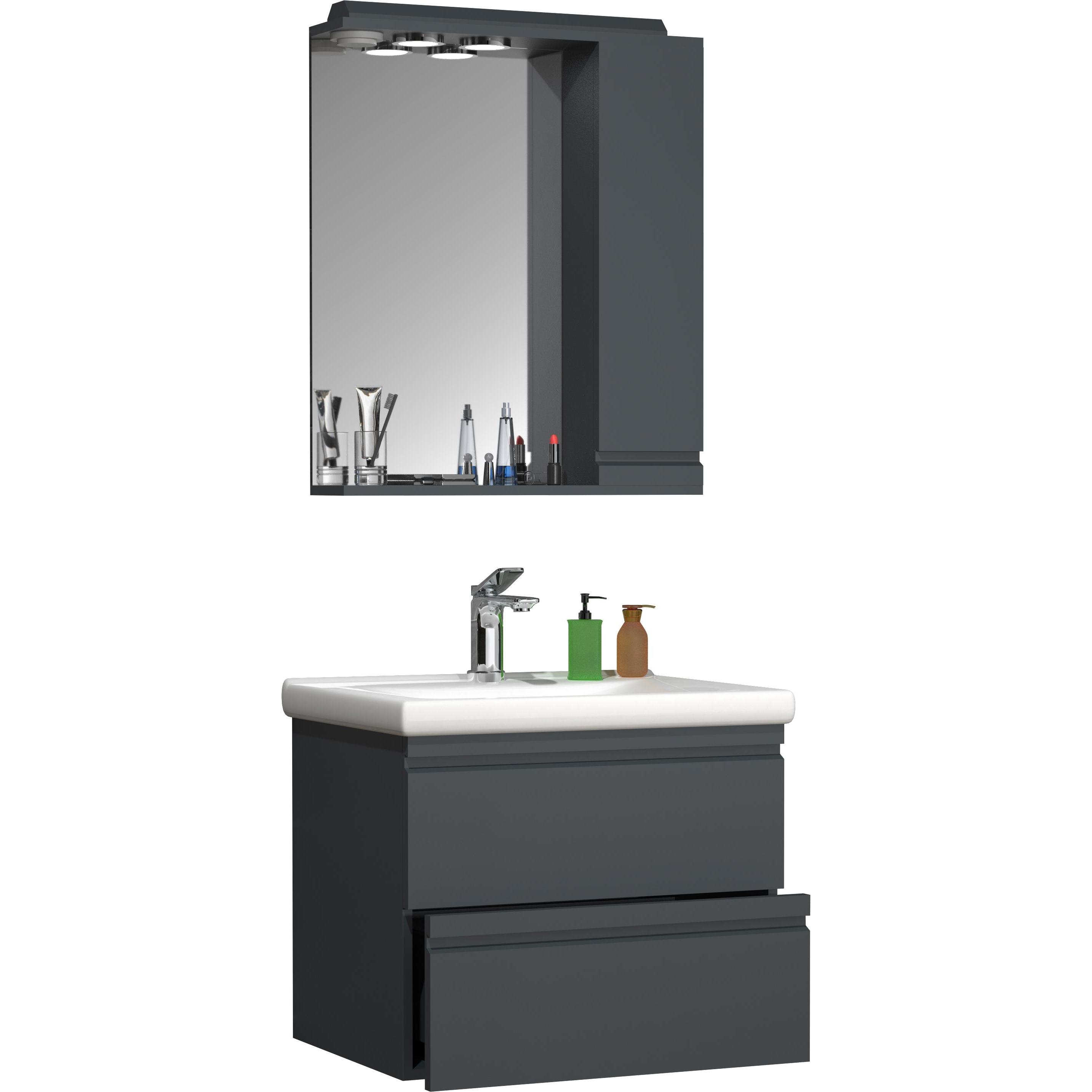 Thumbnail - VCM, Badmöbelset, 3-tlg. Waschplatz Waschtisch 60 cm Badmöbel Set Waschbecken grifflose Schublade Spiegelschrank