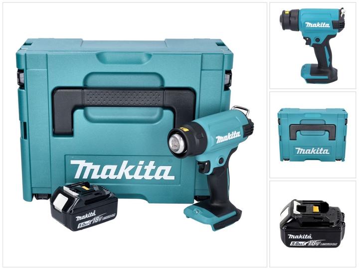 1x Makita DHG 180 pistolet à air chaud sans fil, 1x Makita BL 1850 B 18 V 5,0 Ah batterie, 1x Makita Makpac mallette, 1x insert universel, sans chargeur