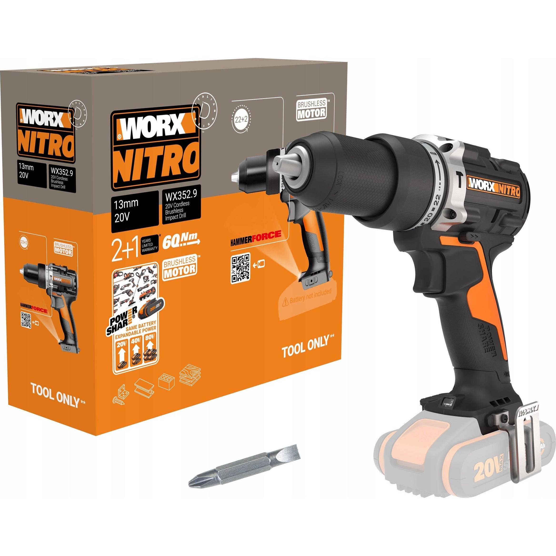 Worx, Bohrmaschine + Akkuschrauber, Schlagbohrmaschine 20V WX352 (Akkubetrieb)