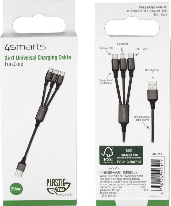 Immagine prodotto 4smarts Cavo multi-caricabatterie 3 in 1 (0.20 m, USB 2.0)