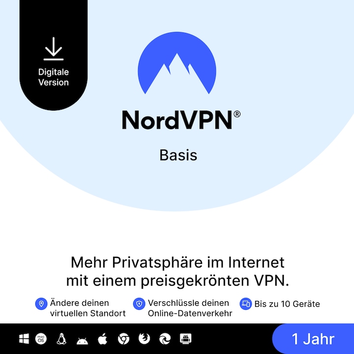 Produktbild NordVPN Basis für bis zu 10 Geräte Download Code (1 User, 10 Geräte/User, 12 Monate)
