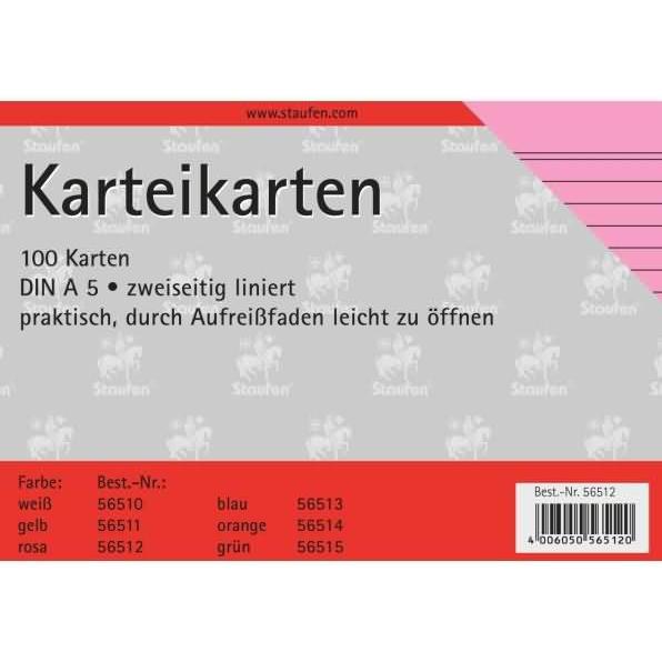 Thumbnail - Staufen, Karteikarten, Karteikarten A5/100 rosa liniert (A5, 180 g/m², 100 x)