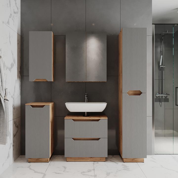 Actual product image Vicco Waschbeckenunterschrank Lotta, Eiche/grau gestreift, 59.8 x 62.5 cm mit 2 Schubladen (59.80 x 32 x 62.50 cm)