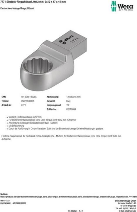 Produktbild Wera 7771 9x12mm Ring 17mm