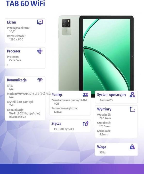 Immagine prodotto Blackview Tablet TAB 60 Wifi 4GB/128GB verde senza caricabatterie (Solo WiFi, 10.10", 128 GB, Verde)