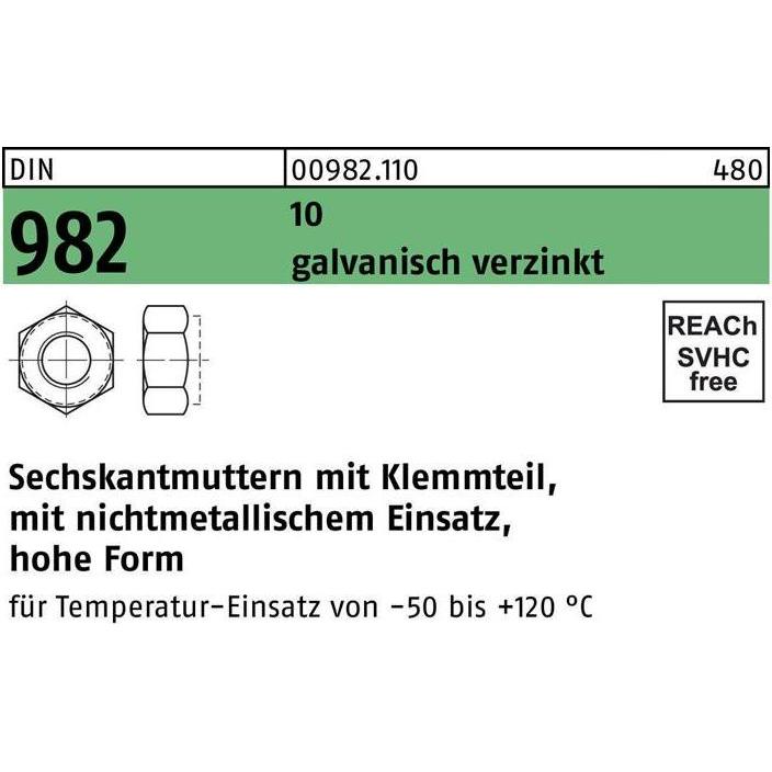 Muttern + Unterlegscheiben, Sechskantmutter DIN 982 m.Klemmteil M 24 10 galvanisch verzinkt (M24)