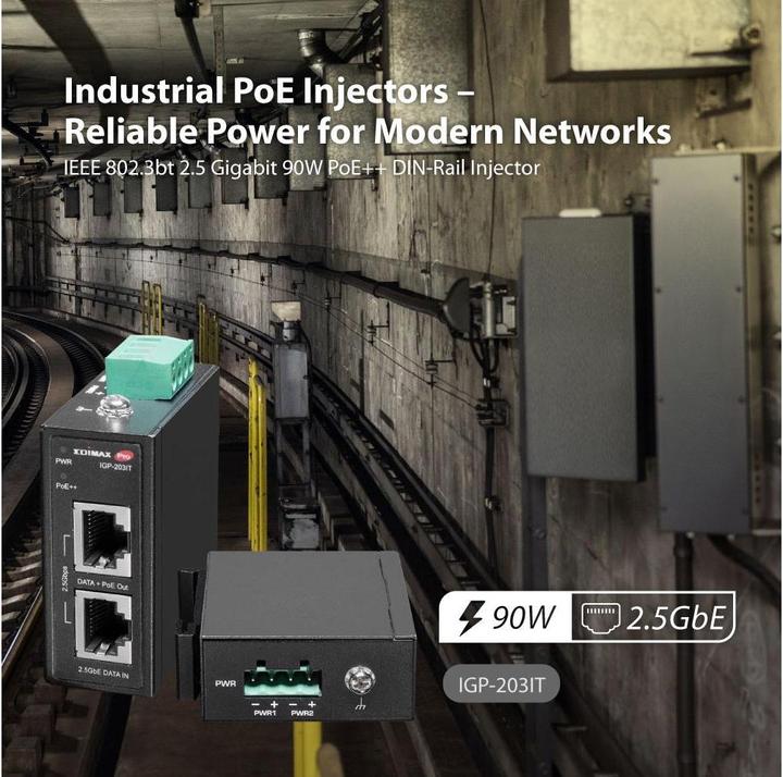 Actual product image edimax Industrie 2.5 Gigabit 90W PoE++ DIN-Rail Injektor (802.3af (PoE), 802.3at (PoE+), 802.3bt (PoE++), 90 W)