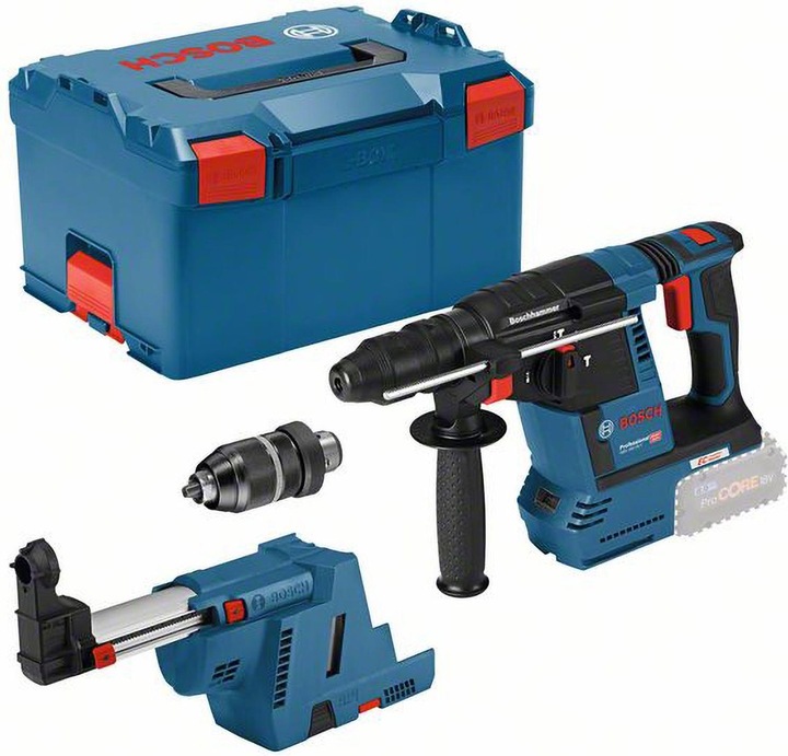 1x auxiliary handle, 1x depth stop, 1x cleaning cloth, 1x Bosch Professional GBH 18V-26F + GDE SDS-Plus cordless hammer drill 18 V Li-Ion without battery, 1x quick-change drill chuck 13 mm, 1x L-BOXX 238, 1x L-BOXX insert