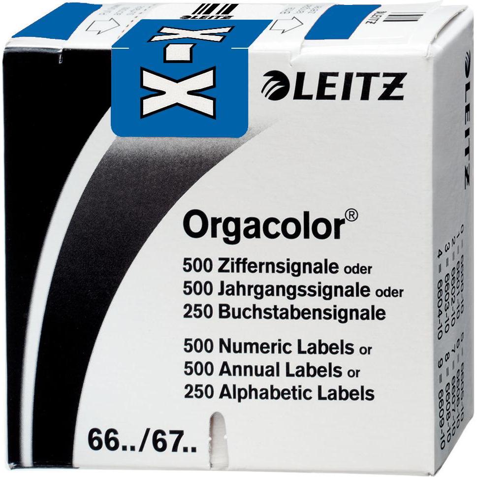 Leitz, Ordner Zubehör, Buchstabensignal Orgacolor "X", auf Rolle, dunkelblau Masse: (B)30 x (H)23 mm, auf Trägerbandro