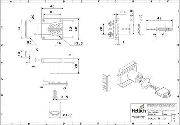 Immagine prodotto Hettich Zylinder-Aufschraubschloss unterschiedlich schlieend Trstrke 13-20 mm Stahl vernickelt