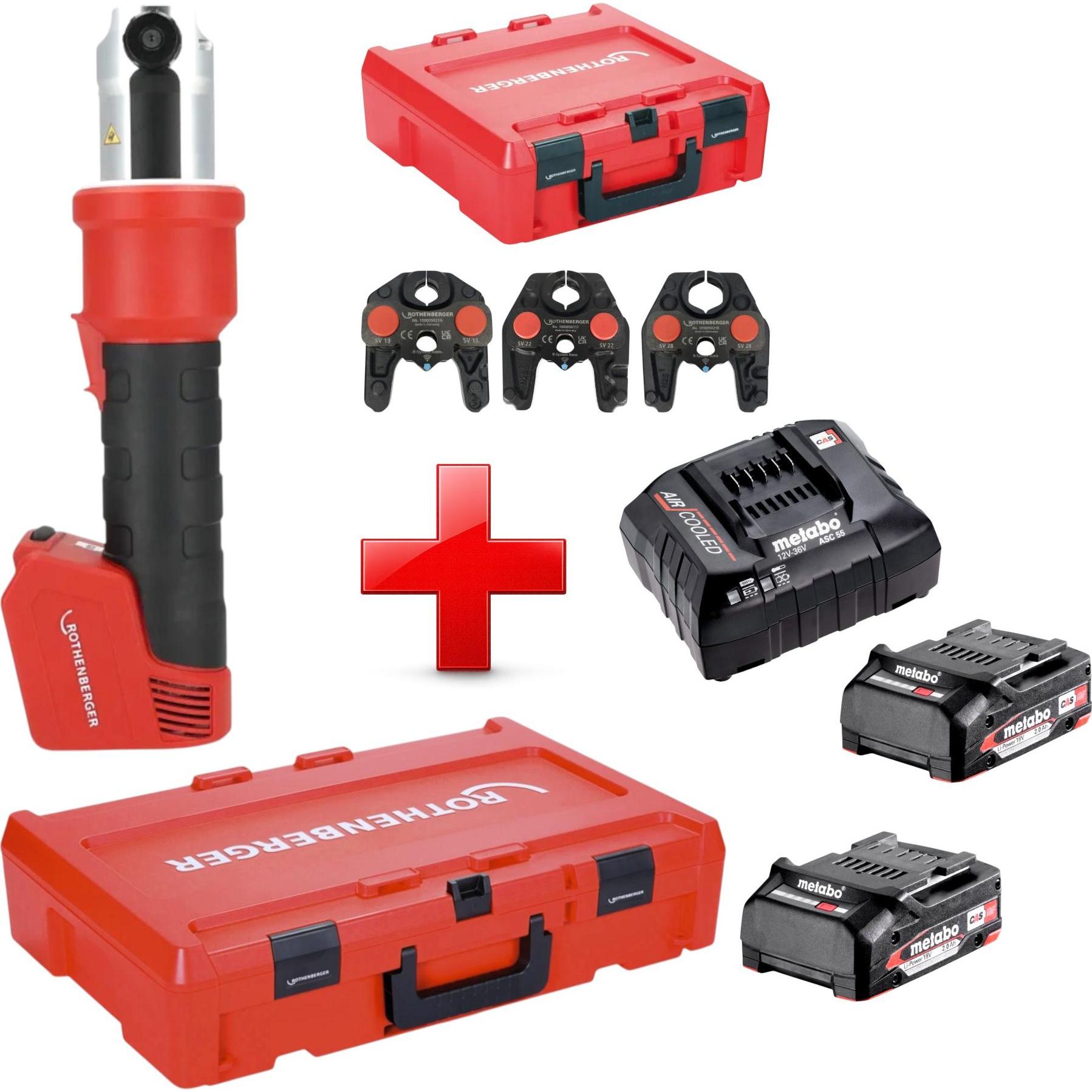 Rothenberger, Pressa, ROMAX NANO Akku Pressmaschine 18 V 34 kN CAS + 2x Akku 2,0 Ah + Ladegerät + 3 tlg. SV