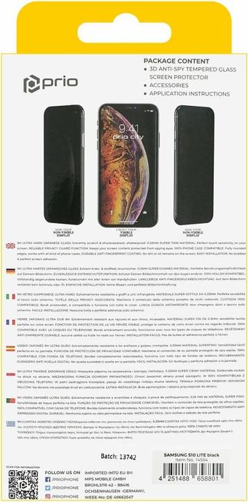 Immagine prodotto prio Vetro temperato 3D anti-spia per Samsung S10 Lite nero (1 Pezzo/i, Samsung Galaxy S10 Lite)