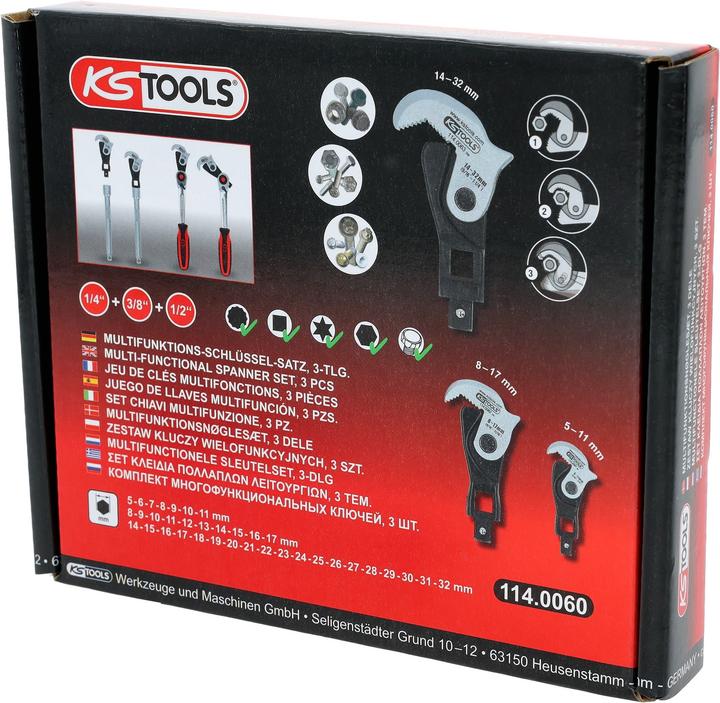 Produktbild KS Tools 1/4″ + 3/8″ + 1/2″ Multifunktions-Schlüssel-Satz, 3-tlg (10  mm, 11 mm, 12 mm, 13 mm, 14 mm, 15 mm, 16 mm, 17 mm, 18 mm, 19 mm, 20 mm, 21 mm, 22 mm, 23 mm, 24 mm, 25 mm, 26 mm, 27 mm, 28 mm, 29 mm, 30 mm, 31 mm, 32 mm, 5 mm, 6 mm, 7 mm, 8 mm, 9 mm)