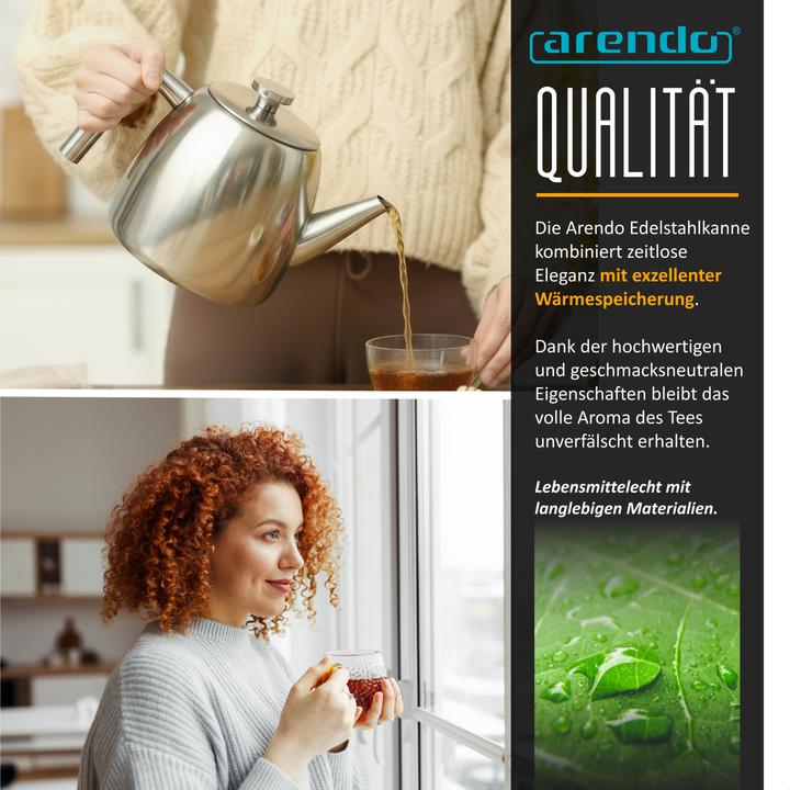 Produktbild Arendo Teekanne aus Edelstahl, Metallgriff, Siebeinsatz, 1L, Isolierkanne, Doppelwandig, Edelstahl Teesieb (1 l)