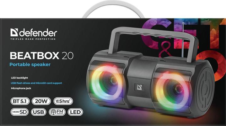 Produktbild Defender Lautsprecher Beatbox 20 Bluetooth 20w Licht/Bt/Mic/Fm/Usb/Tf (5 h, Batteriebetrieb)