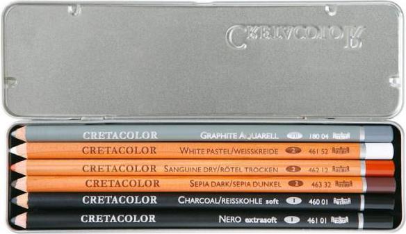 Cretacolor Zeichenstift 6tlg. Basisset (Nero, Kohle, Sepia, Rötel, Weisskreide, Graphite Aquarell 4B, 6 x)