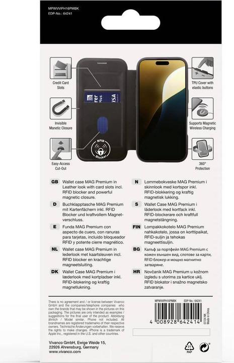 Actual product image Vivanco MAG PREMIUM Wallet for iPhone 16 Pro Max, black 2.0m Drop-Protection, MagSafe Support (Apple iPhone 16 Pro Max)