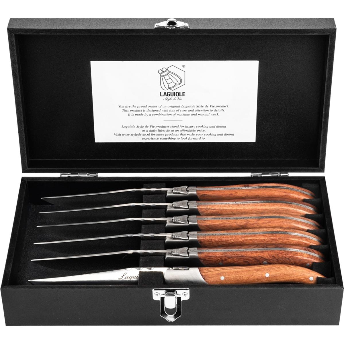 Laguiole Steakmessen Luxus Line Line Style - 6 -delig - Pakka Rose, Posate, Marrone