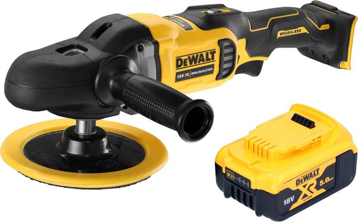 1x DeWalt DCM 849 Akku Exzenter Poliermaschine, 1x Zusatzhandgriff, 1x DeWalt DCB 184 18 V 5,0 Ah Akku