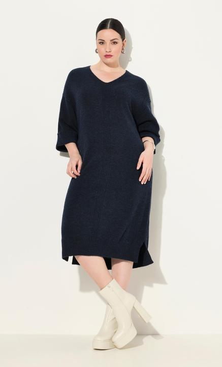 Produktbild Ulla Popken Strickkleid, Rippeinsätze, V-Ausschnitt, Halbarm (54)