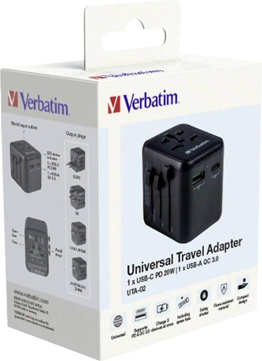 Actual product image Verbatim Universal Travel Adapter with 1 x USB-C PD 20W / 1 x USB-A QC 3.0