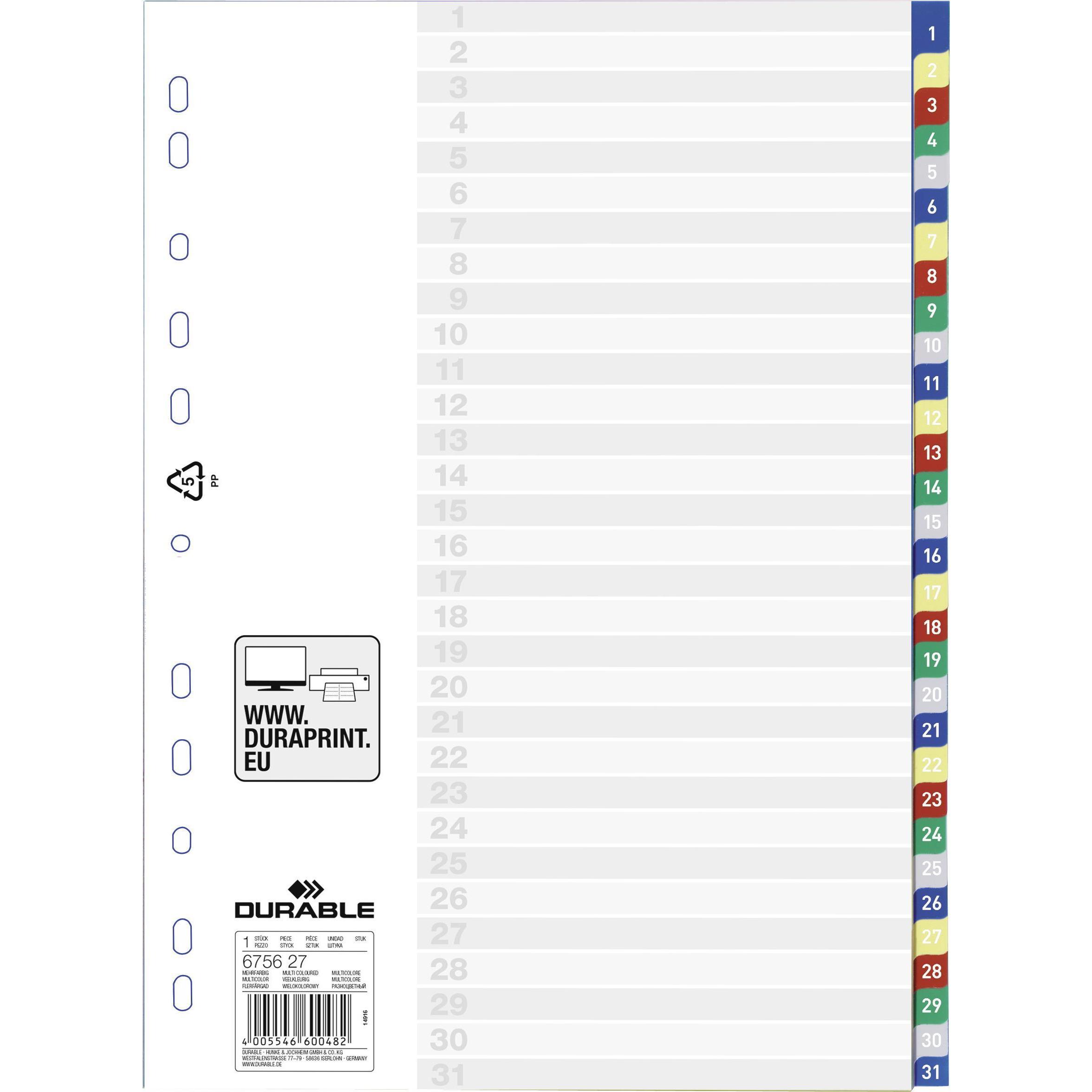 Thumbnail - Durable, Ordner Zubehör, REGISTER PP MIT FARBIGEN TABEN 31 BLATT 1-31 20 ST 675627